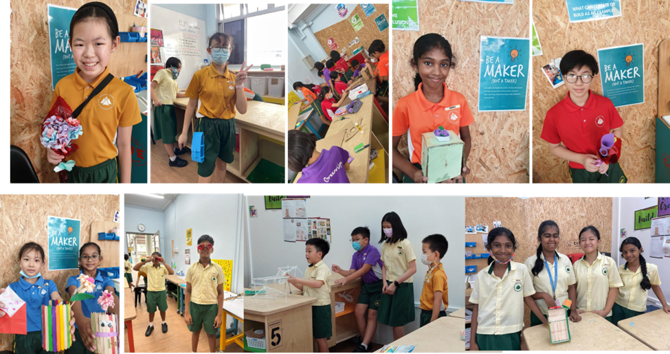 Students in school uniforms display handmade craft projects in a maker classroom with "Be a Maker" posters.